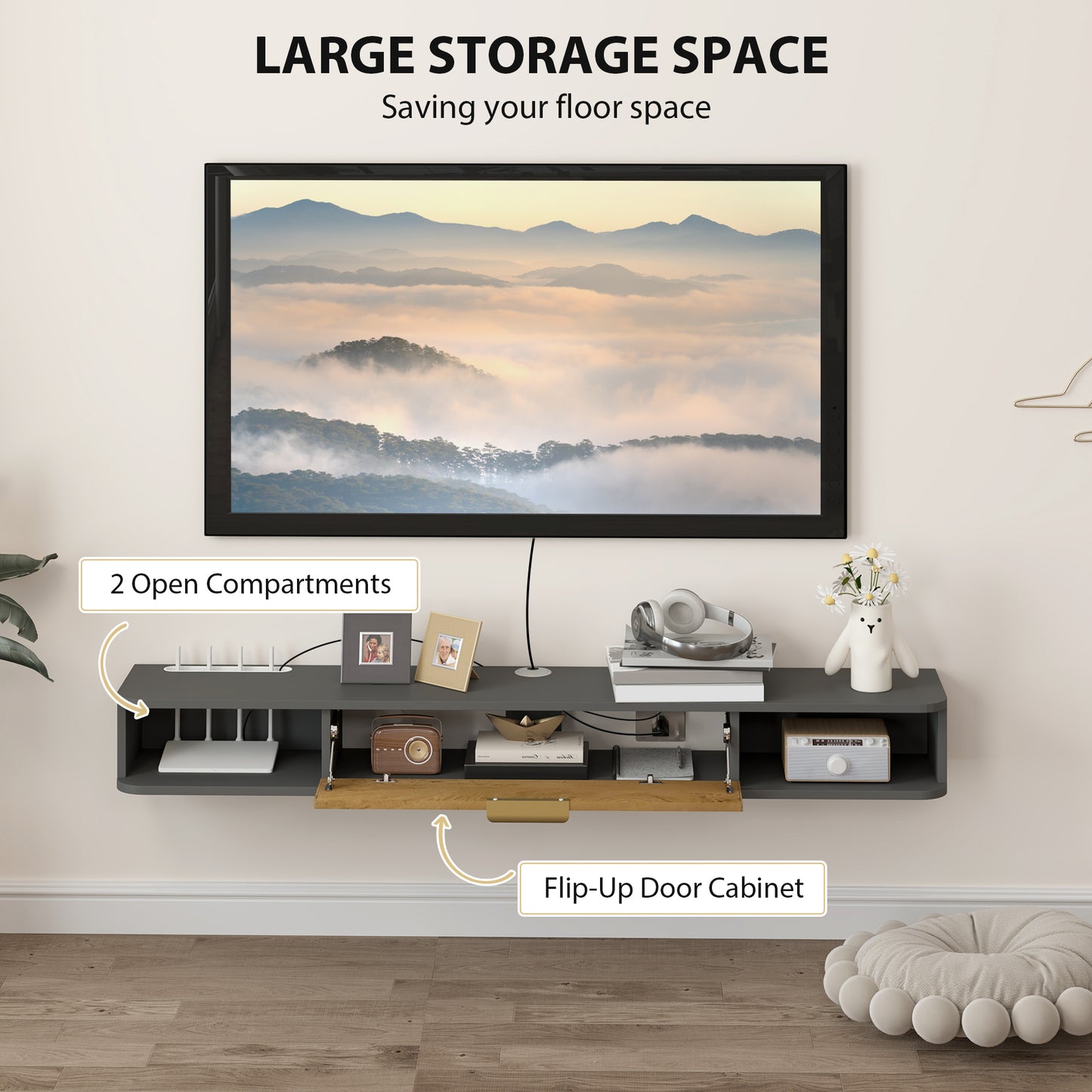140 cm Floating TV Unit with Storage Entertainment Media Console Grey