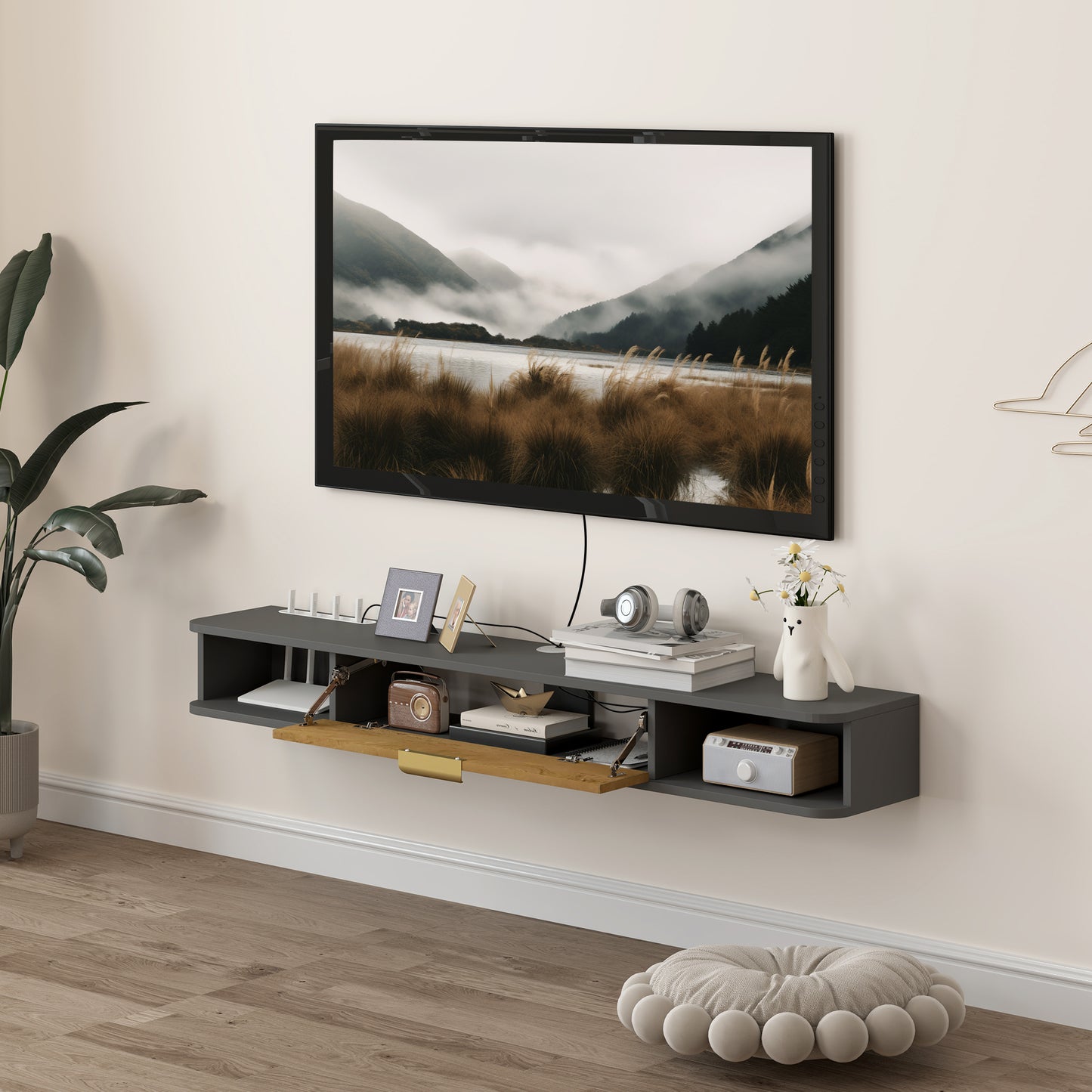 140 cm Floating TV Unit with Storage Entertainment Media Console Grey