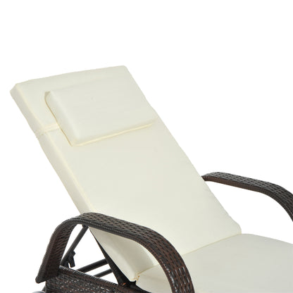Outsunny Garden Rattan Furniture Single Sun Lounger Recliner Bed Reclining Chair Patio Outdoor Wicker Weave Adjustable Headrest with Fire Retardant Cushion - Brown