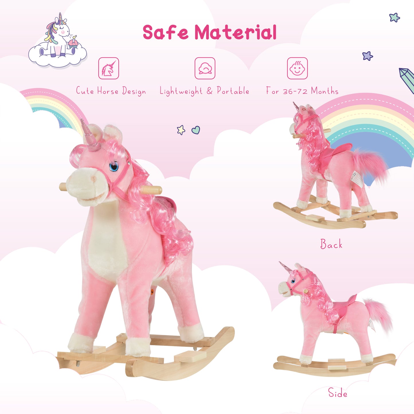 Kids Rocking Unicorn Ride-On Horse Moving Mouth Tail Sounds 36-72 Mnths
