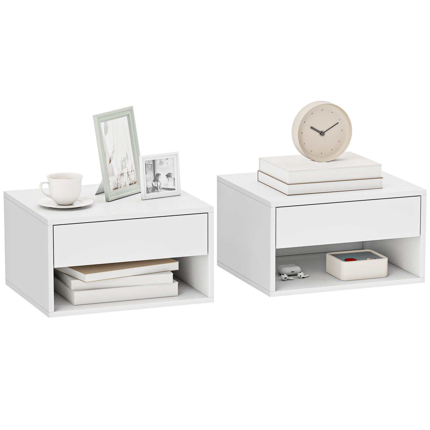 Floating Nightstands Set of 2, Bedside Table w/ Drawer and Open Shelf