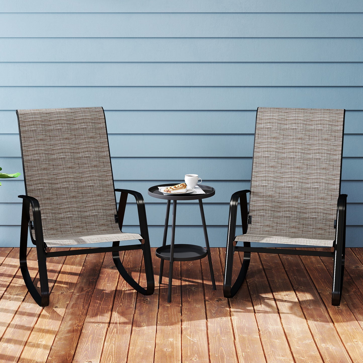 2PCS Garden Rocking Chairs with Armrests, High Back, Light Brown