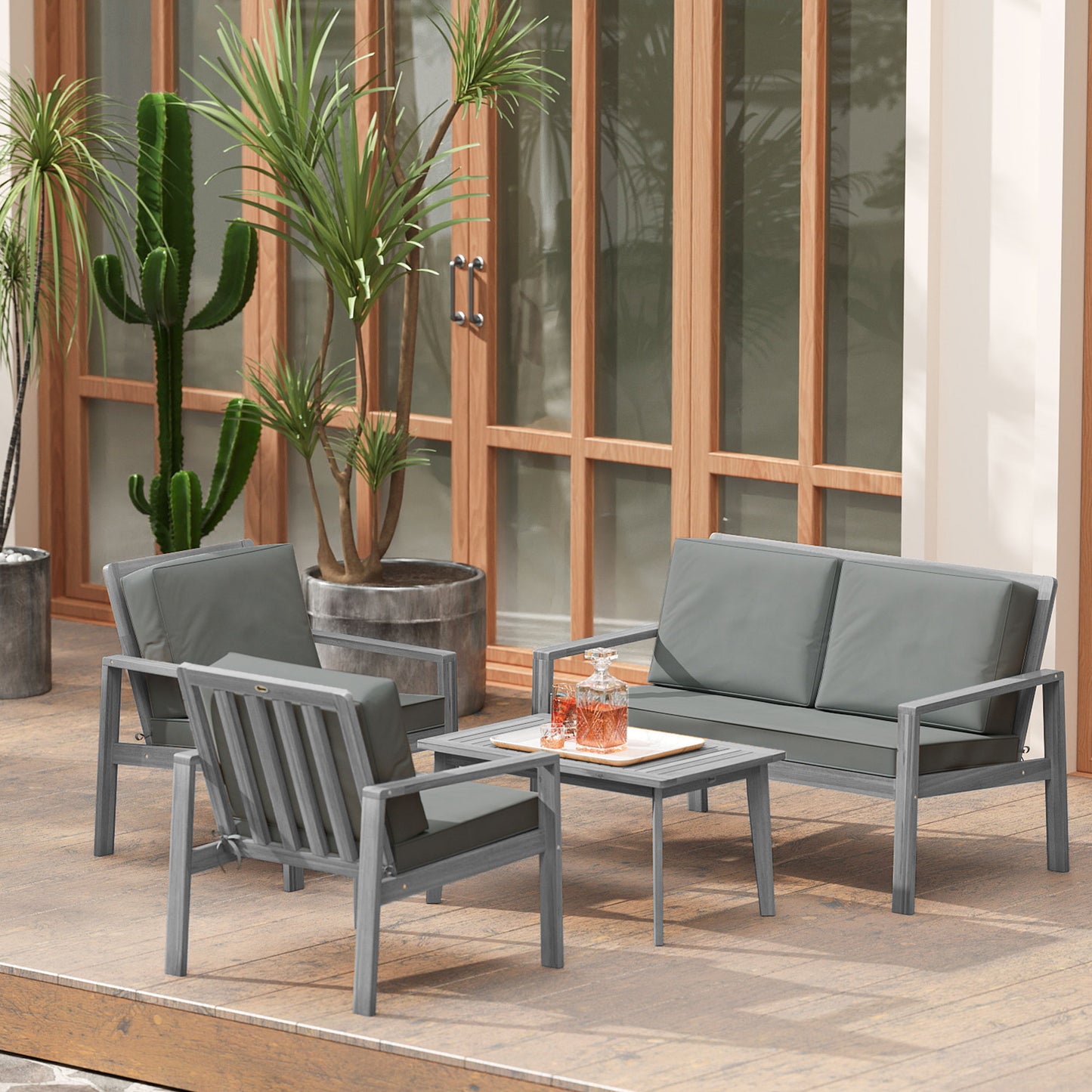 4 Pieces Wooden Garden Furniture Set with Cushions, Light Grey