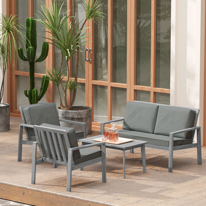4 Pieces Wooden Garden Furniture Set with Cushions, Light Grey