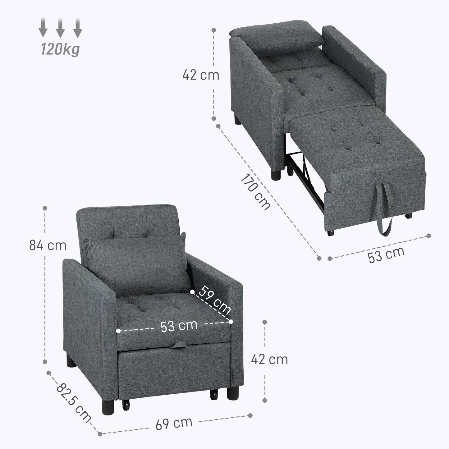 Convertible Single Chair Bed with Upholstered Fabric, Dark Grey