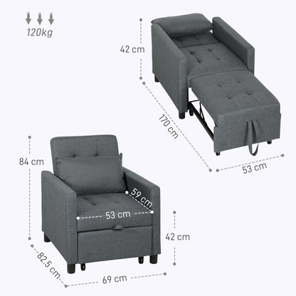 Convertible Single Chair Bed with Upholstered Fabric, Dark Grey
