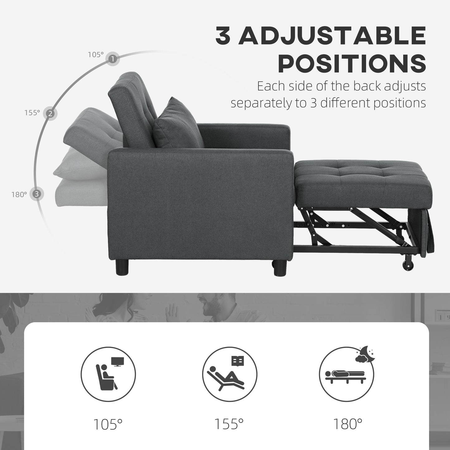 Convertible Single Chair Bed with Upholstered Fabric, Dark Grey