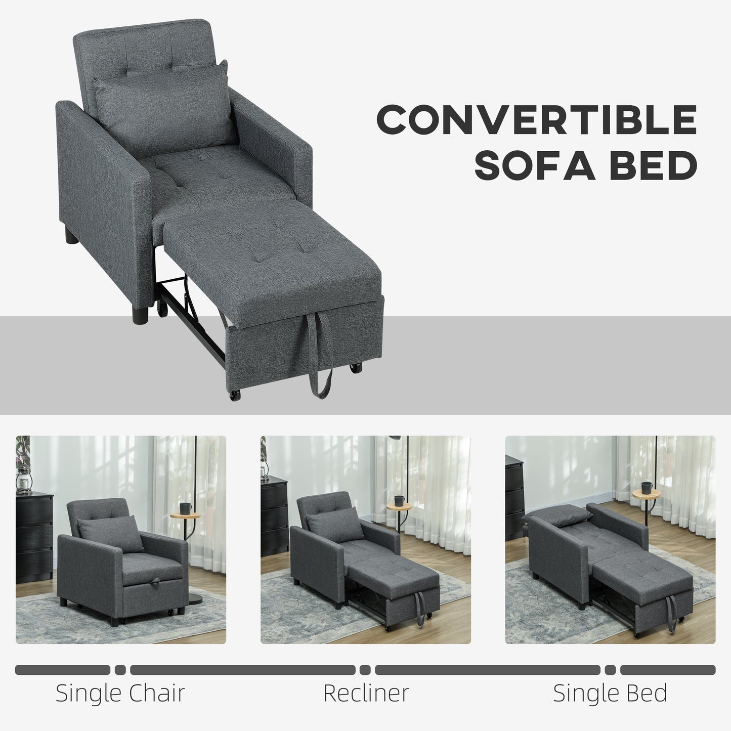 Convertible Single Chair Bed with Upholstered Fabric, Dark Grey
