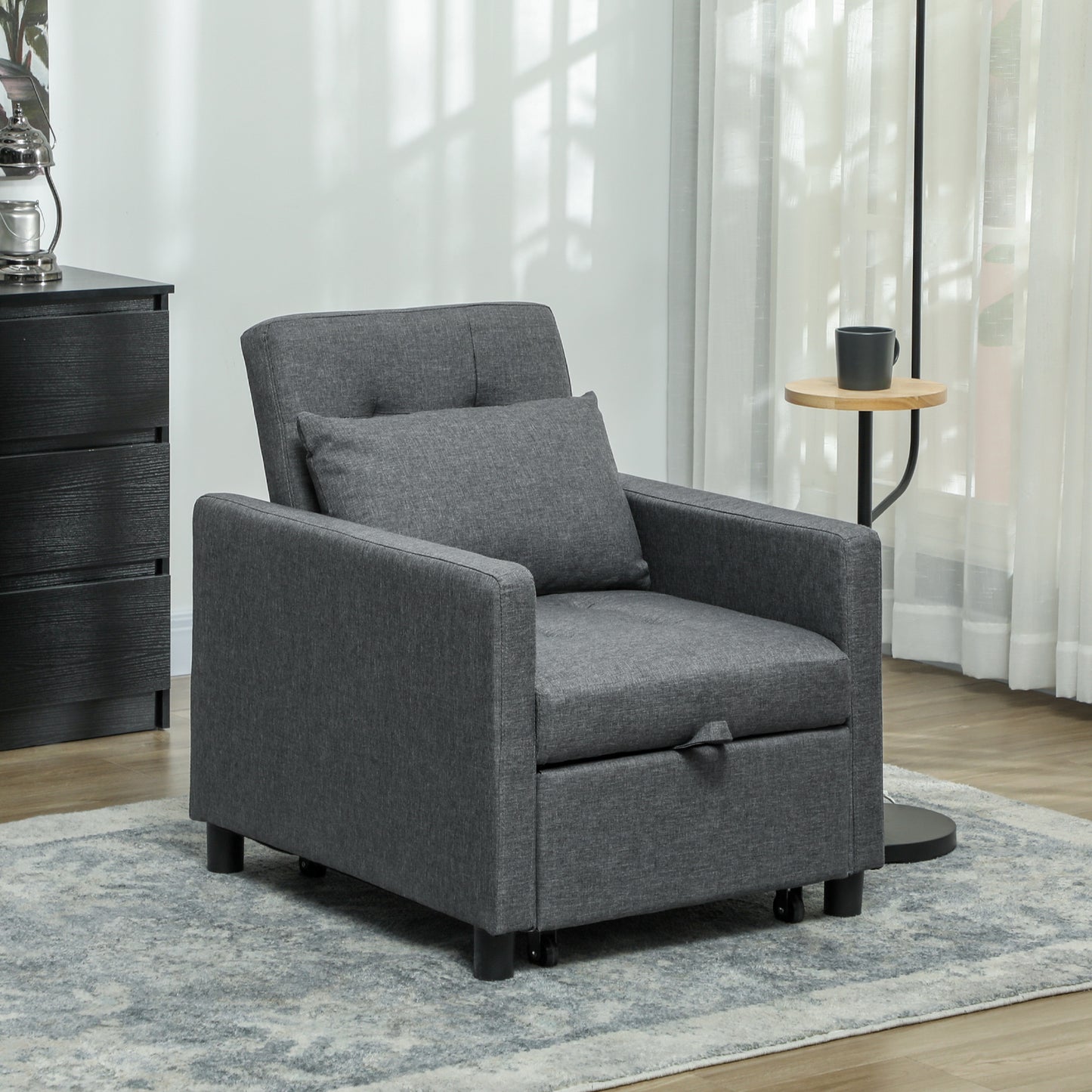 Convertible Single Chair Bed with Upholstered Fabric, Dark Grey