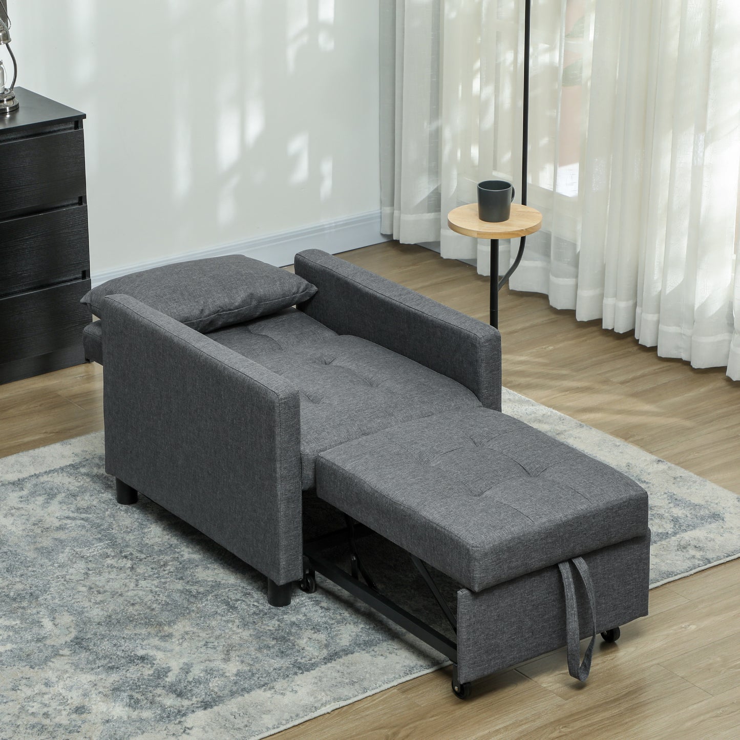 Convertible Single Chair Bed with Upholstered Fabric, Dark Grey