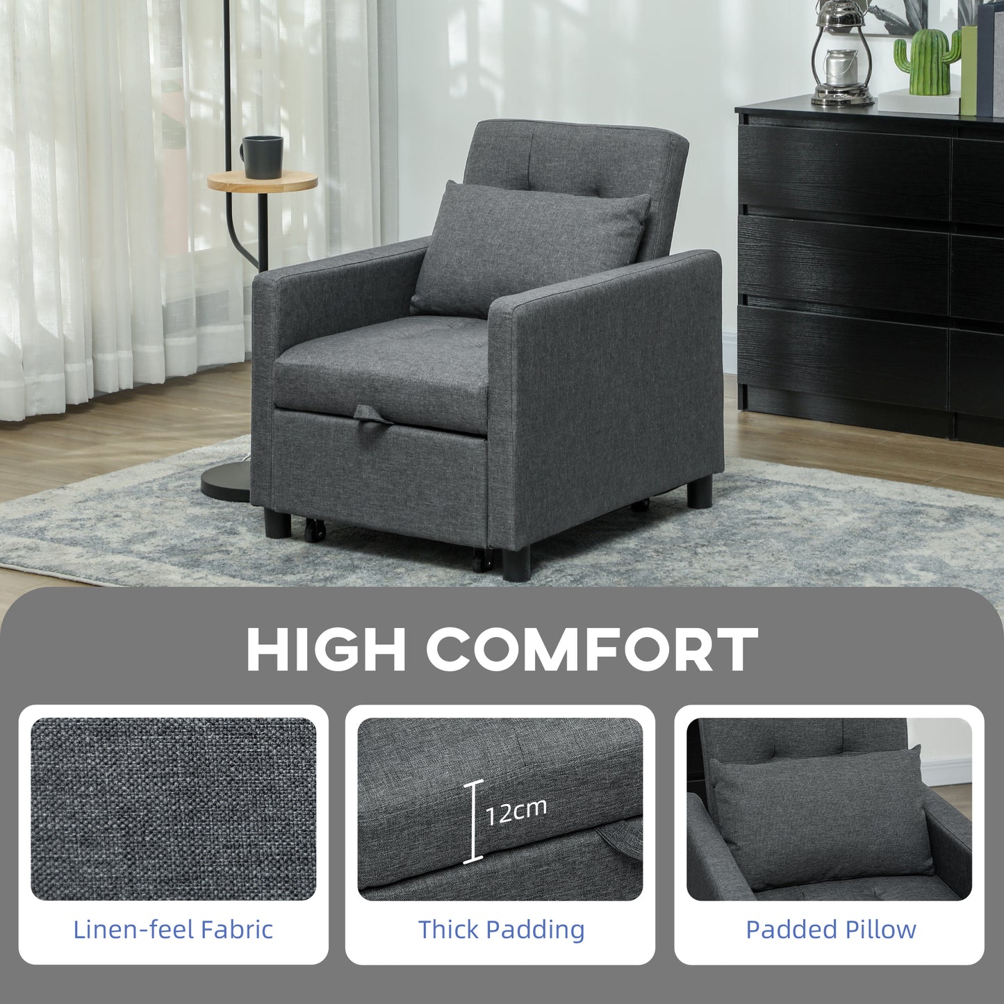 Convertible Single Chair Bed with Upholstered Fabric, Dark Grey
