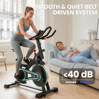 Exercise Bike for Home Gym, Indoor Stationary Bike with Smart APP, 0-100% Magnetic Resistance, Adjustable Seat & Handlebars, LCD Display, Device & Water Bottle Holder, Wheels, 120kg Capacity