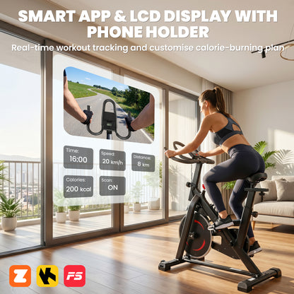 Exercise Bike for Home Gym, Indoor Stationary Bike with Smart APP, 0-100% Magnetic Resistance, Adjustable Seat & Handlebars, LCD Display, Device & Water Bottle Holder, Wheels, 120kg Capacity