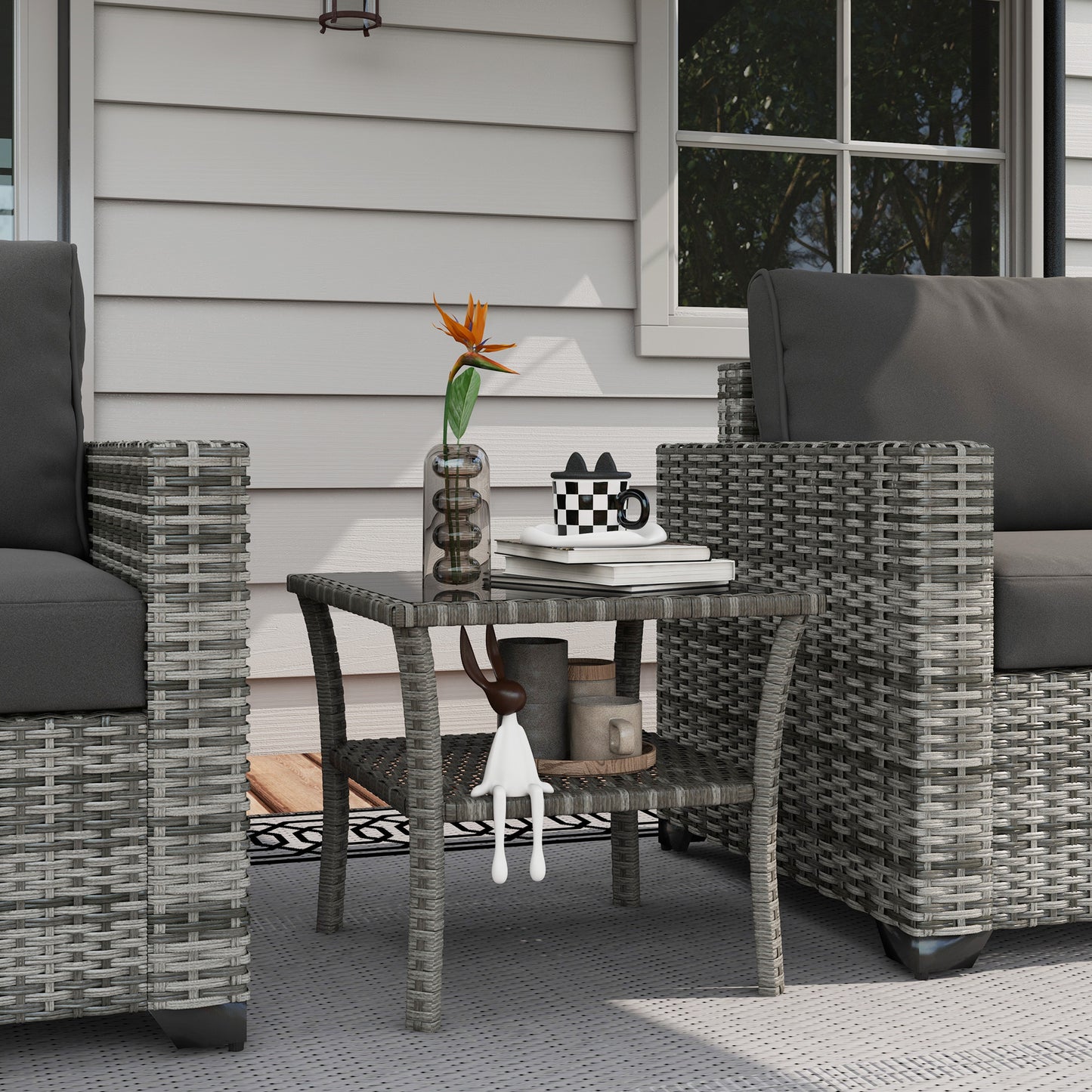 50cm Outdoor PE Rattan Coffee Table, Patio Wicker Two-tier Side Table with Glass Top, for Patio, Garden, Balcony, Grey