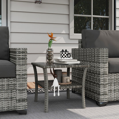 50cm Outdoor PE Rattan Coffee Table, Patio Wicker Two-tier Side Table with Glass Top, for Patio, Garden, Balcony, Grey