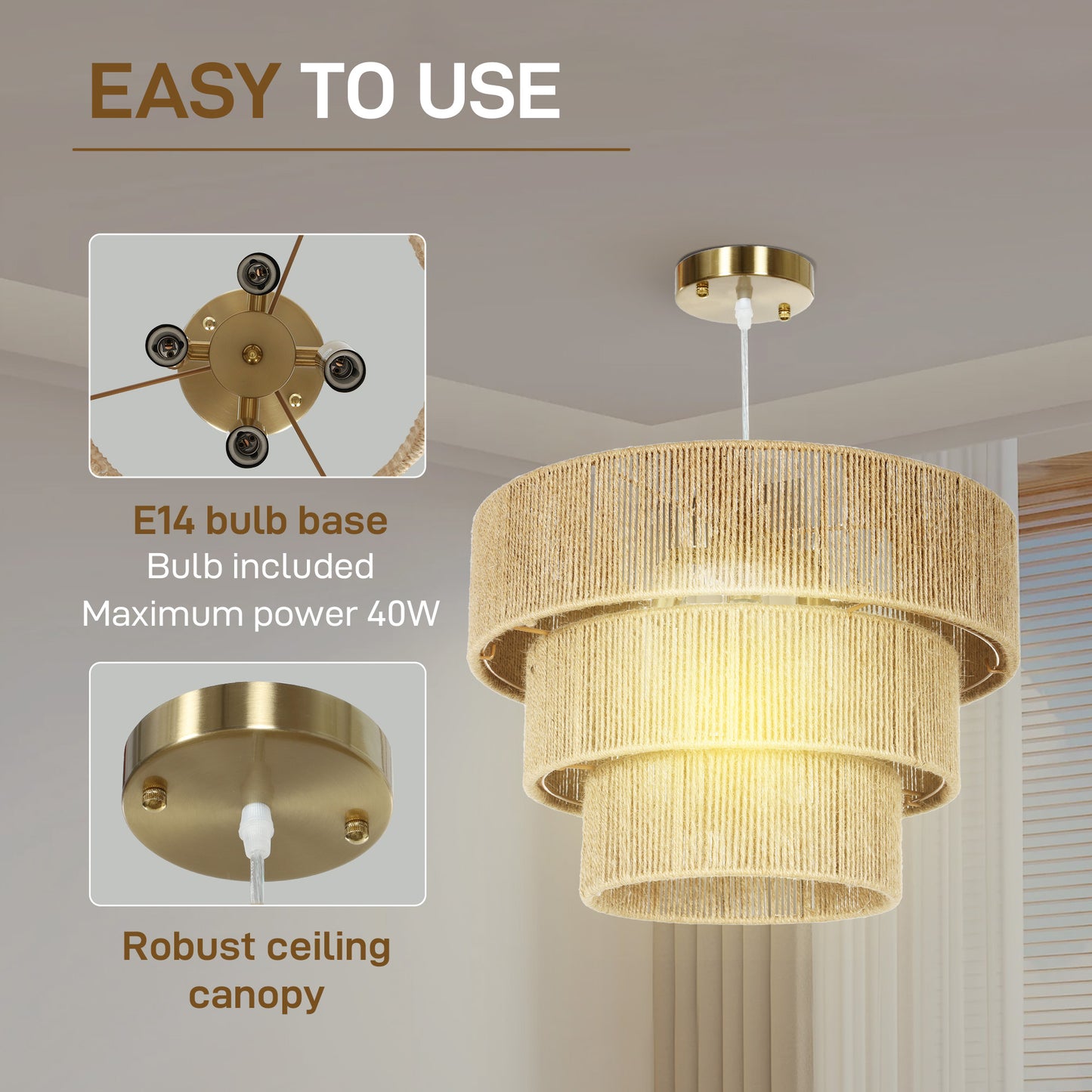 Boho Hemp Rope Pendant Light, Ceiling Light for Bedroom, Light Brown