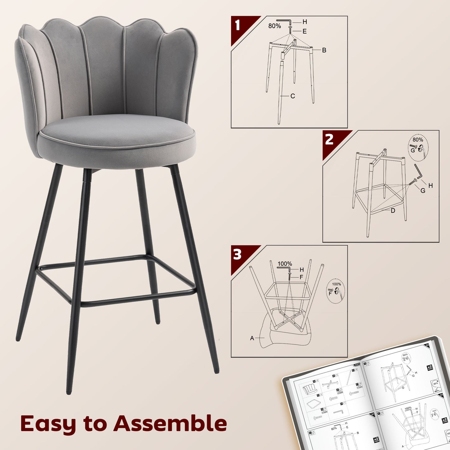 Set of 2 Barstools with Petal Backrest for Kitchen Island Grey