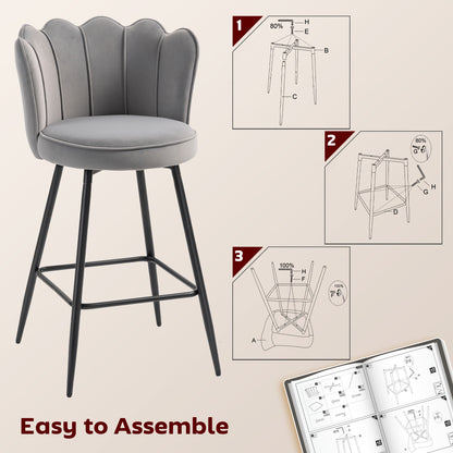 Set of 2 Barstools with Petal Backrest for Kitchen Island Grey