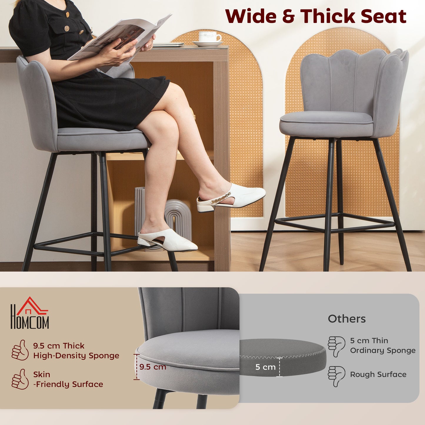 Set of 2 Barstools with Petal Backrest for Kitchen Island Grey