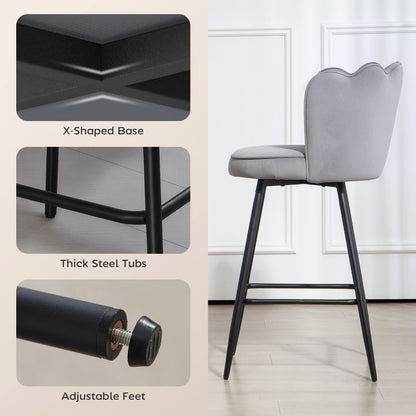 Set of 2 Barstools with Petal Backrest for Kitchen Island Grey