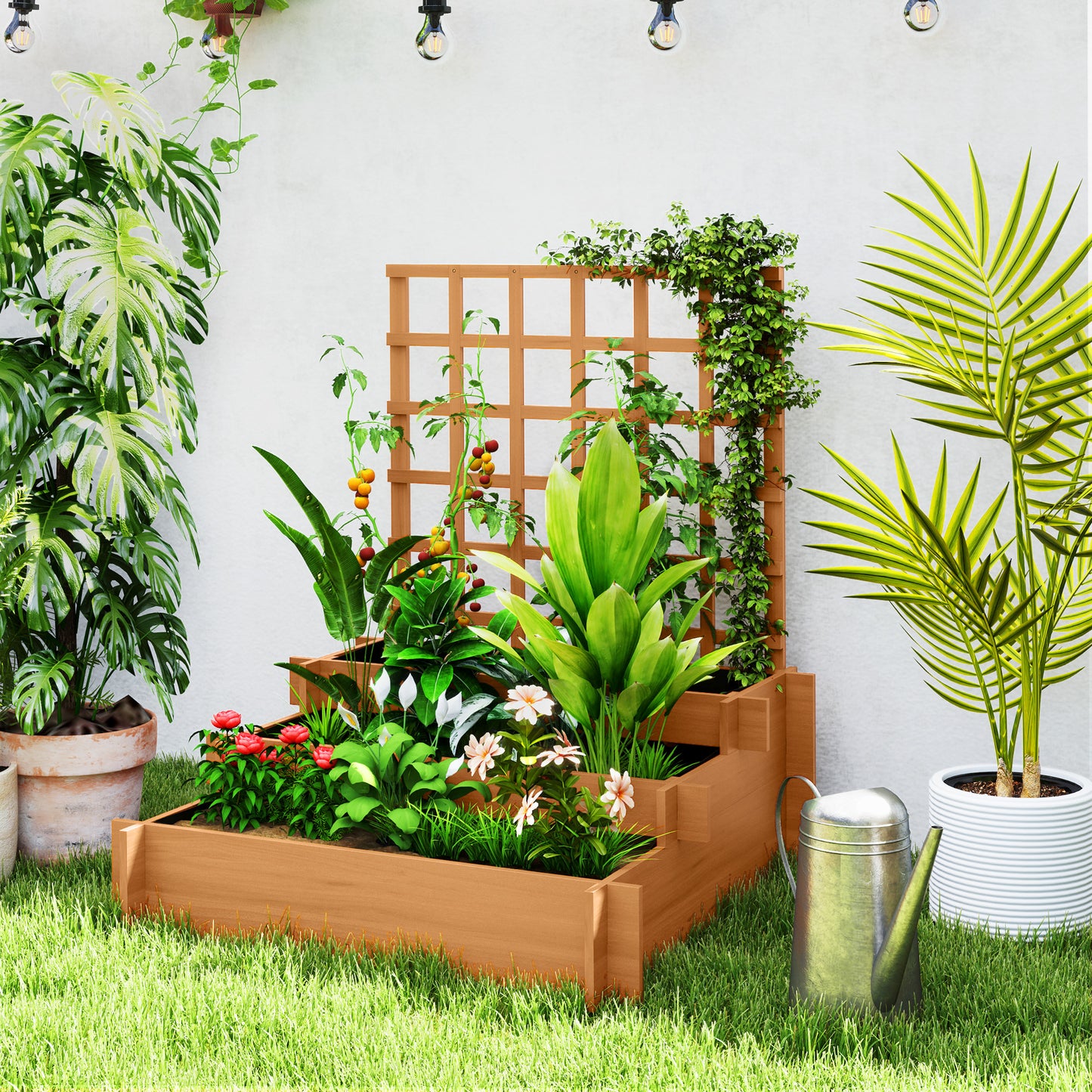 3 Tier Wooden Garden Planters with Trellis for Vine Climbing Plants