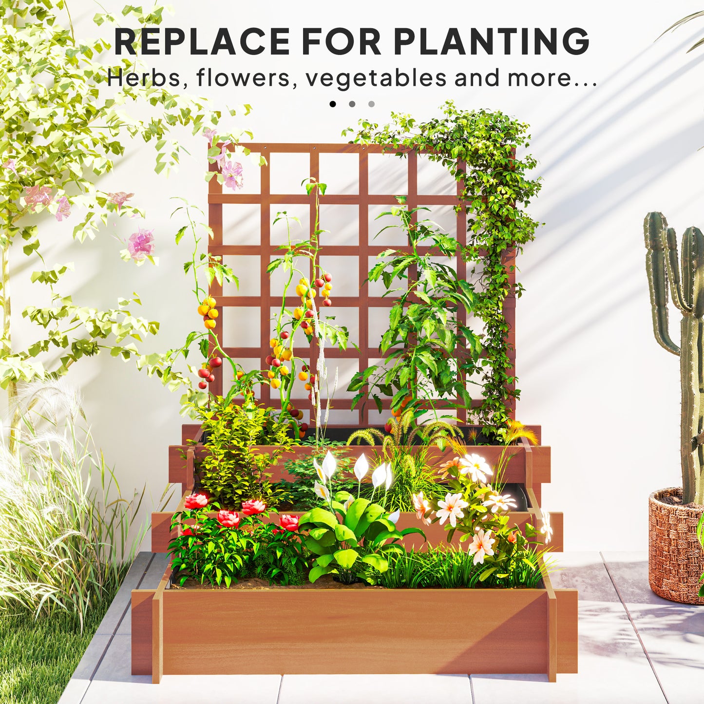 3 Tier Wooden Garden Planters with Trellis for Vine Climbing Plants