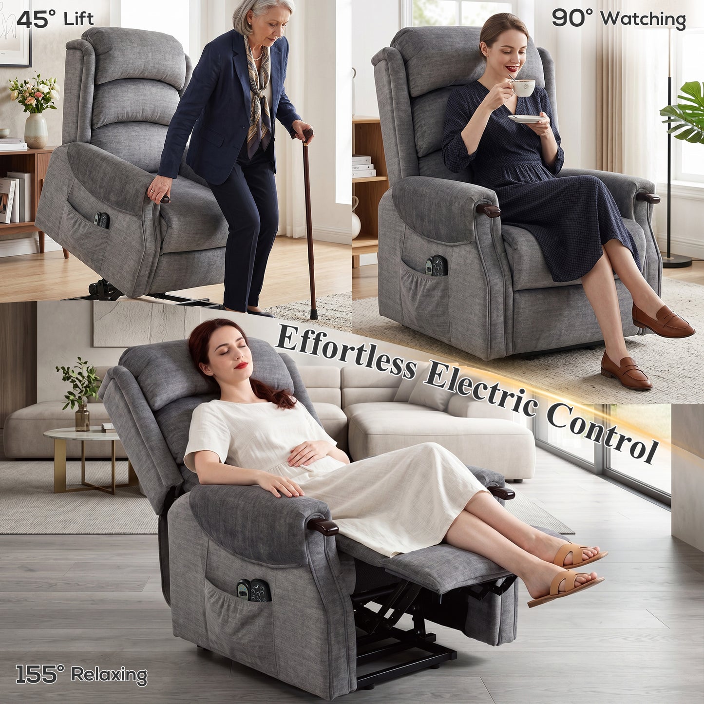 Power Lift Recliner Chair with Vibration Massage and Heat, Electric Lift Chair with Wood Grip, Pocket Spring, Fabric Riser and Reclining Armchair with Remote, Quick Assembly, Light Grey