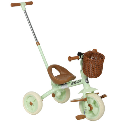 Kids Tricycle for 2-5 Years Old, 2-In-1 Toddler Trike with Adjustable Parent Handle, Pedals, Footrests, Storage Basket, 3 Wheel Bike for Boys and Girls, Green
