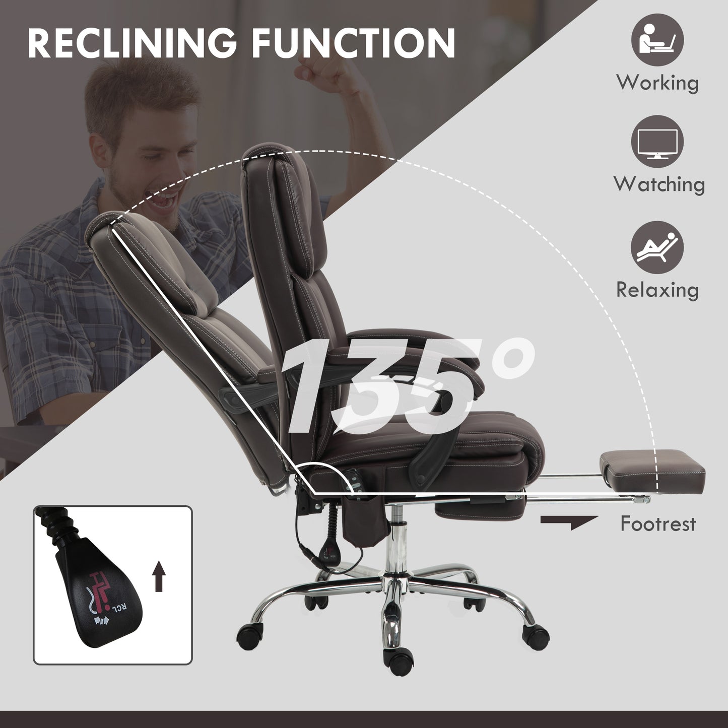 Massage Office Chair, PU Leather High Back Recliner, Dark Brown