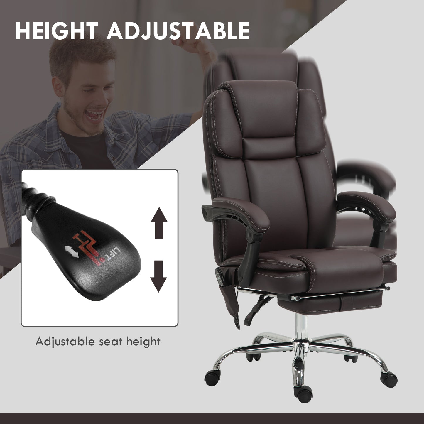 Massage Office Chair, PU Leather High Back Recliner, Dark Brown