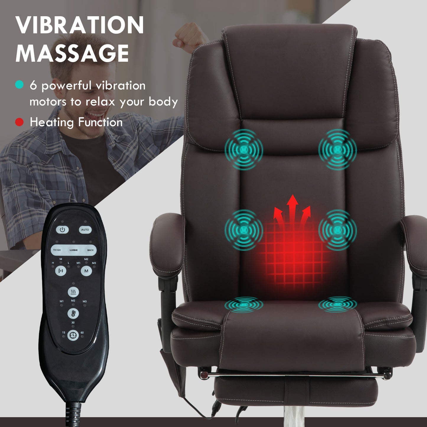 Massage Office Chair, PU Leather High Back Recliner, Dark Brown
