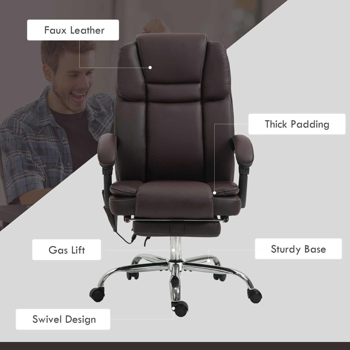 Massage Office Chair, PU Leather High Back Recliner, Dark Brown