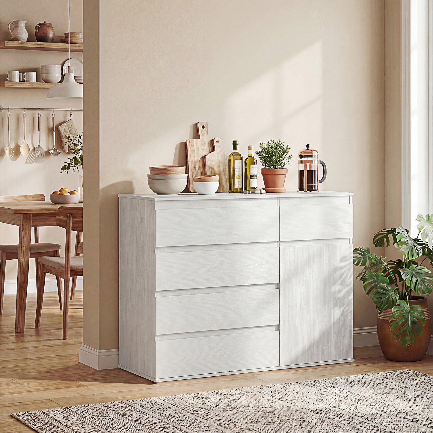 Sideboard Storage Cabinet, Kitchen Cupboard with 5 Drawers, White wood finish