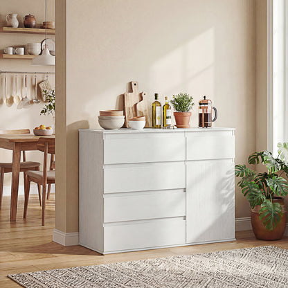 Sideboard Storage Cabinet, Kitchen Cupboard with 5 Drawers, White wood finish
