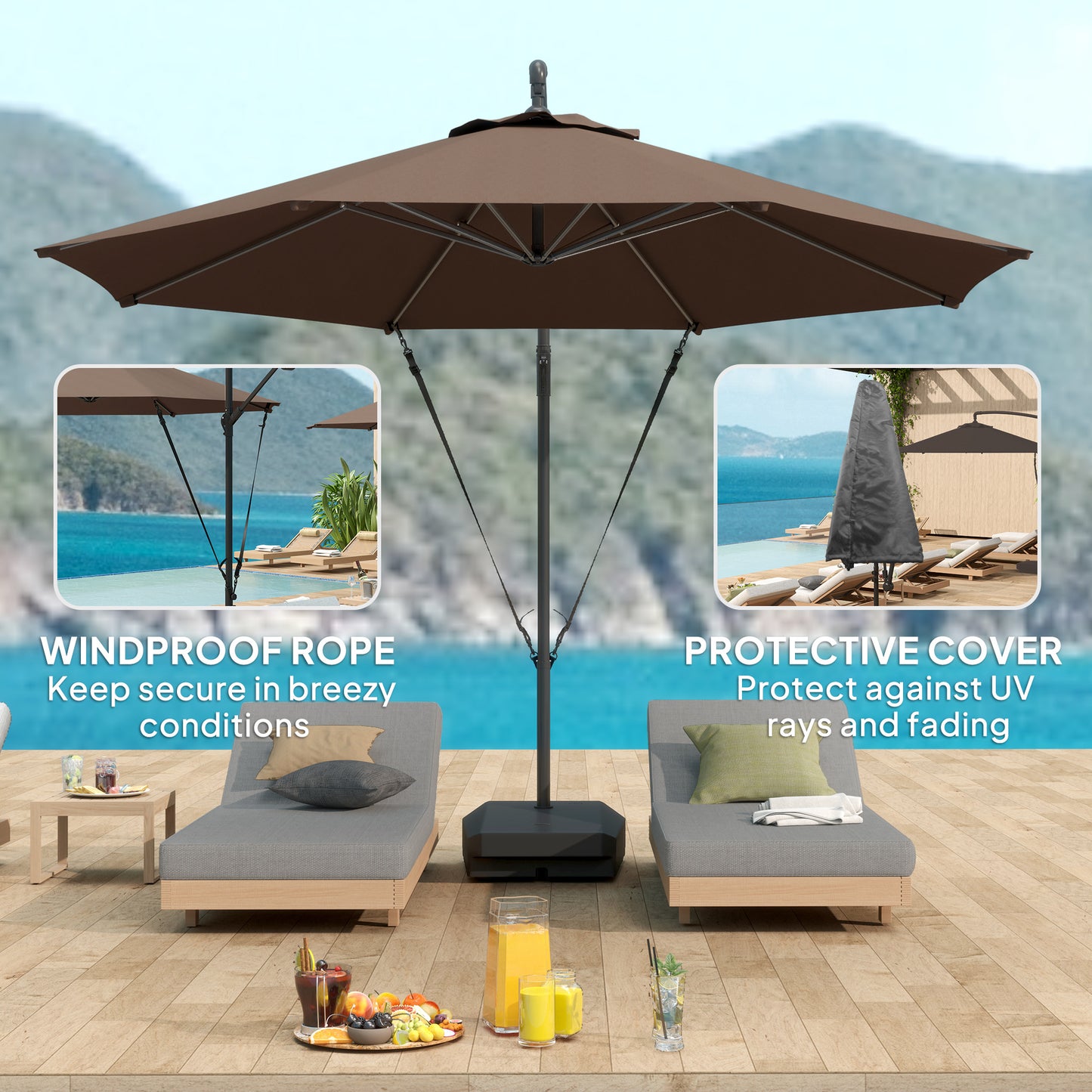 Garden Cantilever Parasol with Cover Weighted Base Wind Strap Brown