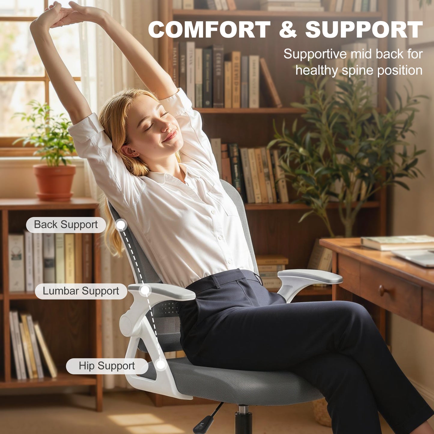Mesh Painting Chair, Rolling Desk Chair with Flip-up Armrests, Grey