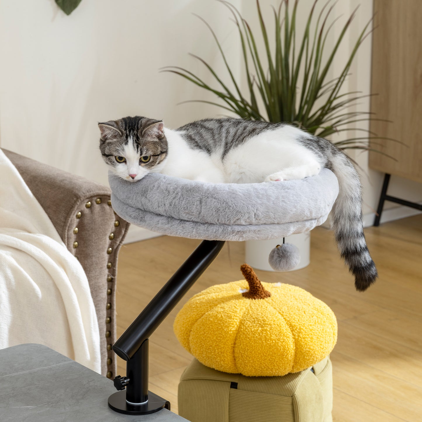 Cat Bed for Desk, 360° Rotatable Adjustable Elevated Cat Desk Bed, Comfortable Soft Plush Kitten Hammock Nest Cushion Machine-Washable