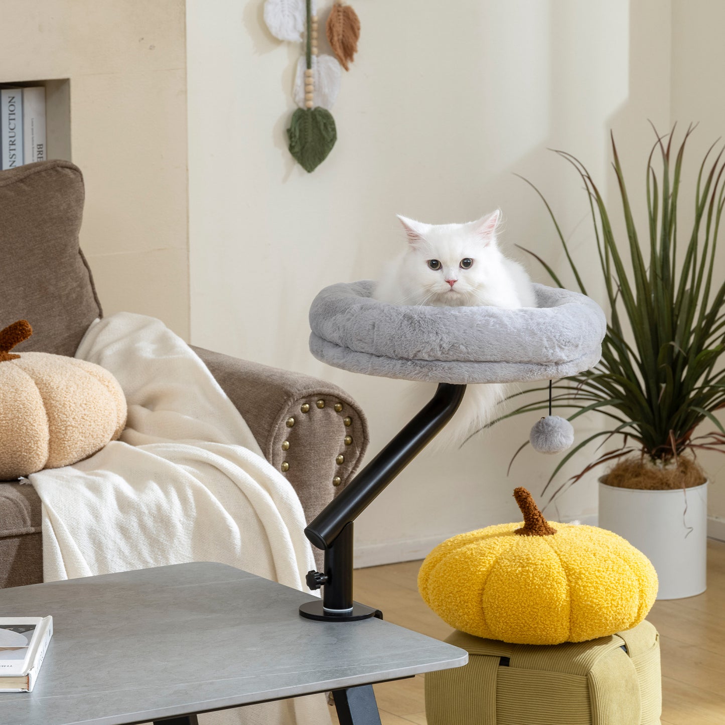 Cat Bed for Desk, 360° Rotatable Adjustable Elevated Cat Desk Bed, Comfortable Soft Plush Kitten Hammock Nest Cushion Machine-Washable