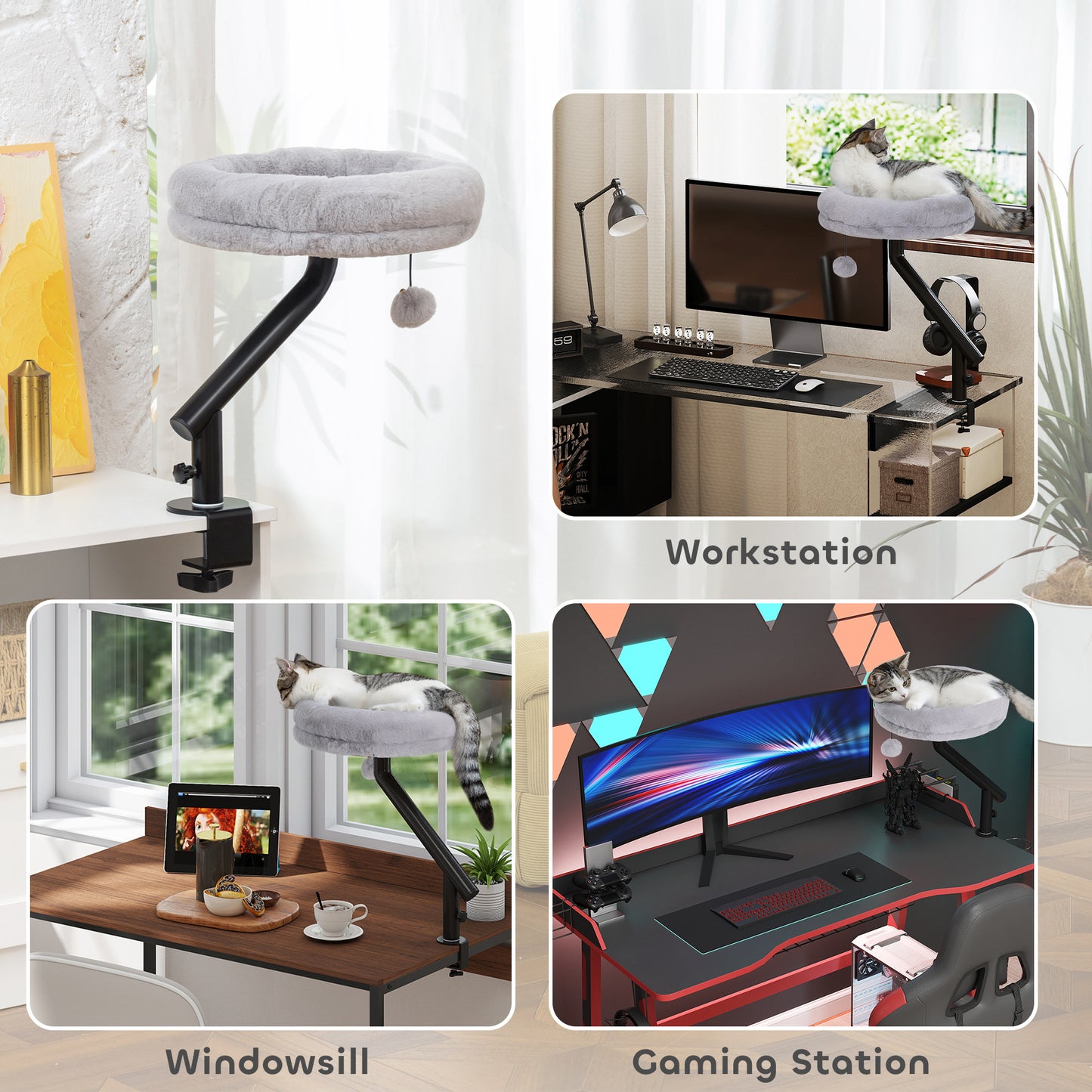 Cat Bed for Desk, 360° Rotatable Adjustable Elevated Cat Desk Bed, Comfortable Soft Plush Kitten Hammock Nest Cushion Machine-Washable