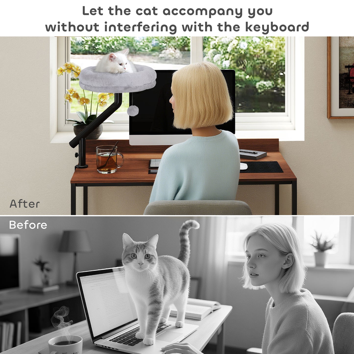 Cat Bed for Desk, 360° Rotatable Adjustable Elevated Cat Desk Bed, Comfortable Soft Plush Kitten Hammock Nest Cushion Machine-Washable