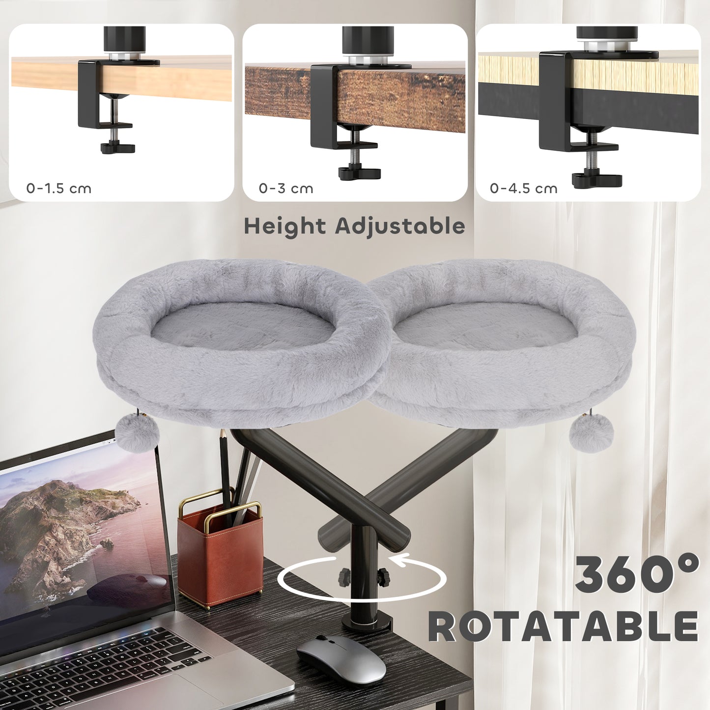 Cat Bed for Desk, 360° Rotatable Adjustable Elevated Cat Desk Bed, Comfortable Soft Plush Kitten Hammock Nest Cushion Machine-Washable