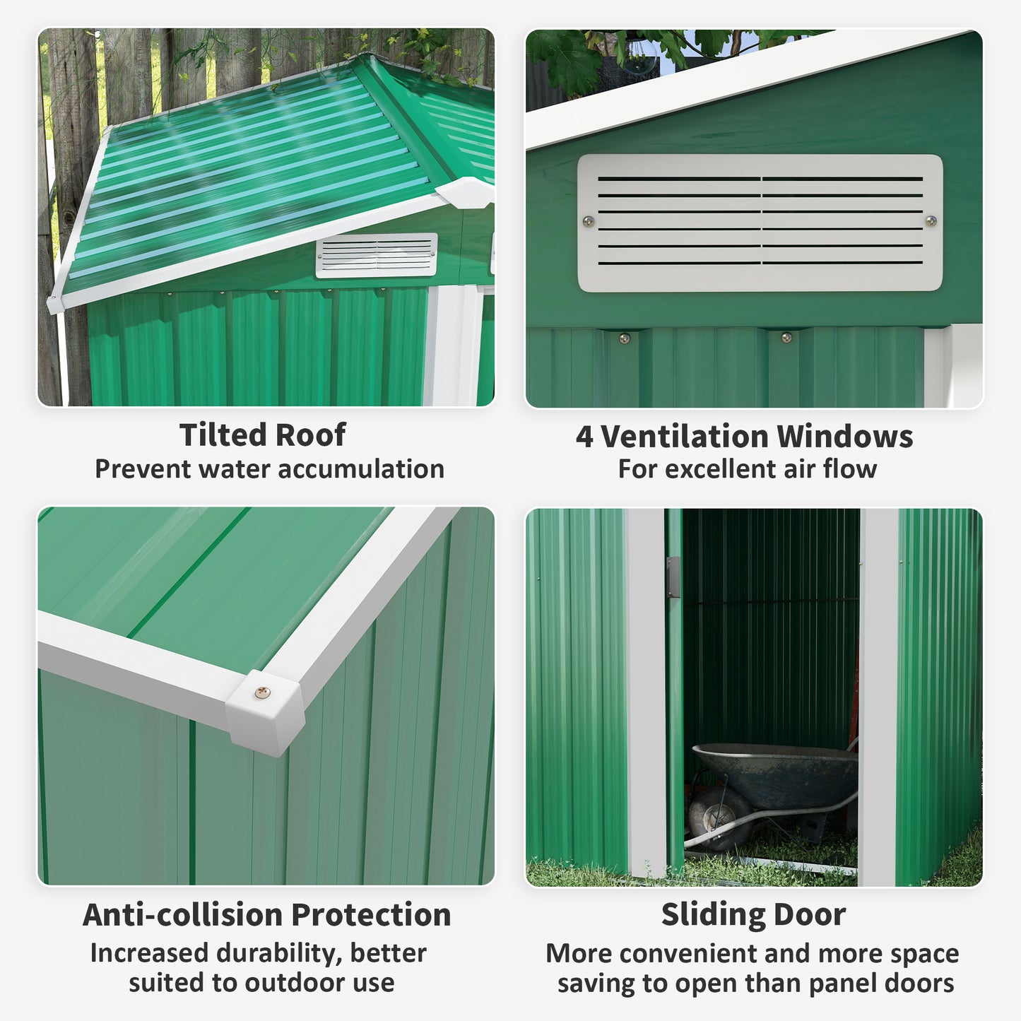 Garden Metal Tool Storage Shed with Sliding Door, Sloped Roof and Floor Foundation, 152 x 132 x 188cm, Green