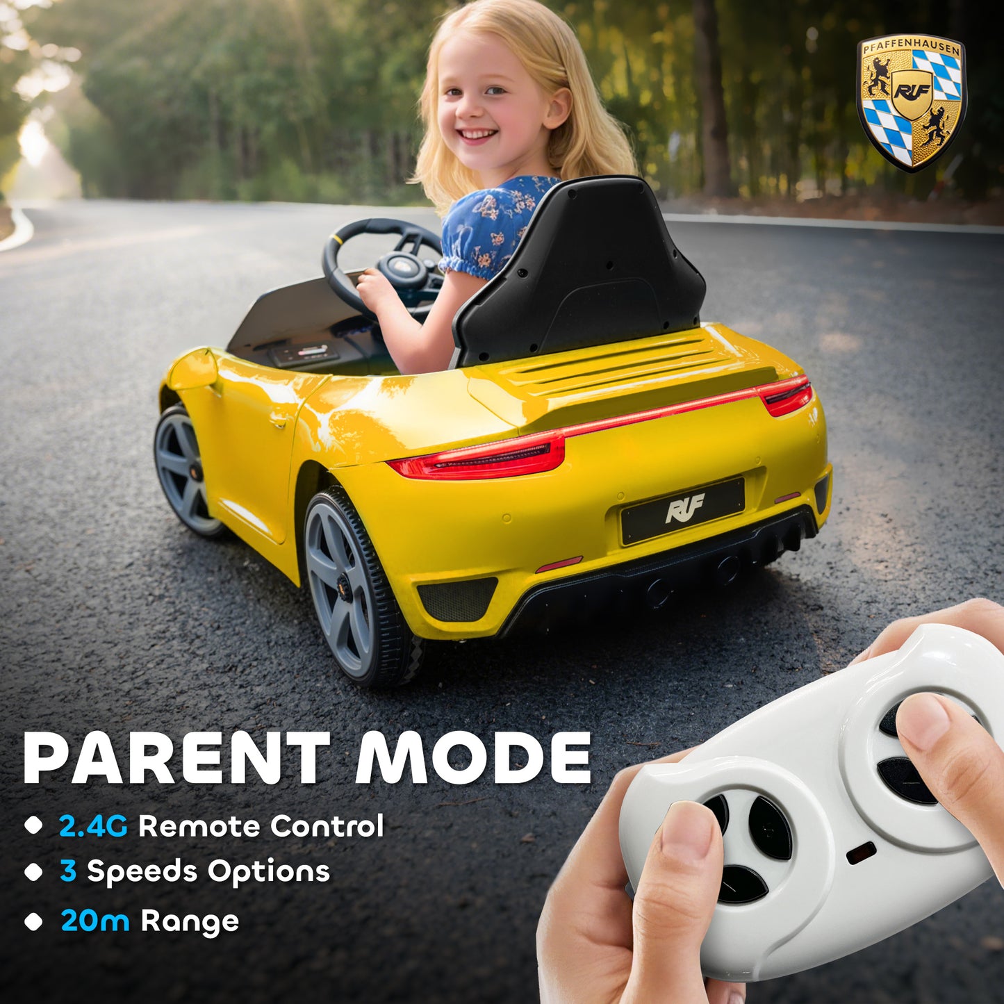RUF GT Licensed Electric Car for Kids, 12V Kids Ride on Car with Suspension System, Remote Control, Music, Horn, USB, Slow Start and Safety Belt for 3-5 Years Old Boys and Girls, Yellow