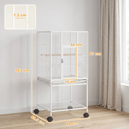 Detachable Bird Cage on Wheels, for Finches, Parakeets, Budgies, Budgie Cage, Parrot Aviary with Accessories, Storage Shelf - White