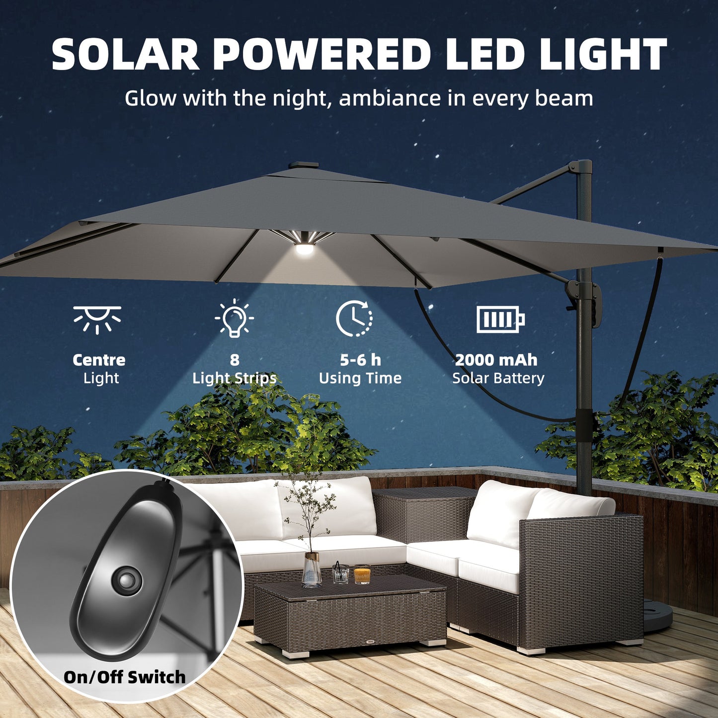 3 x 3 m Garden Cantilever Parasol w/ Light, Cover, Wind Protection
