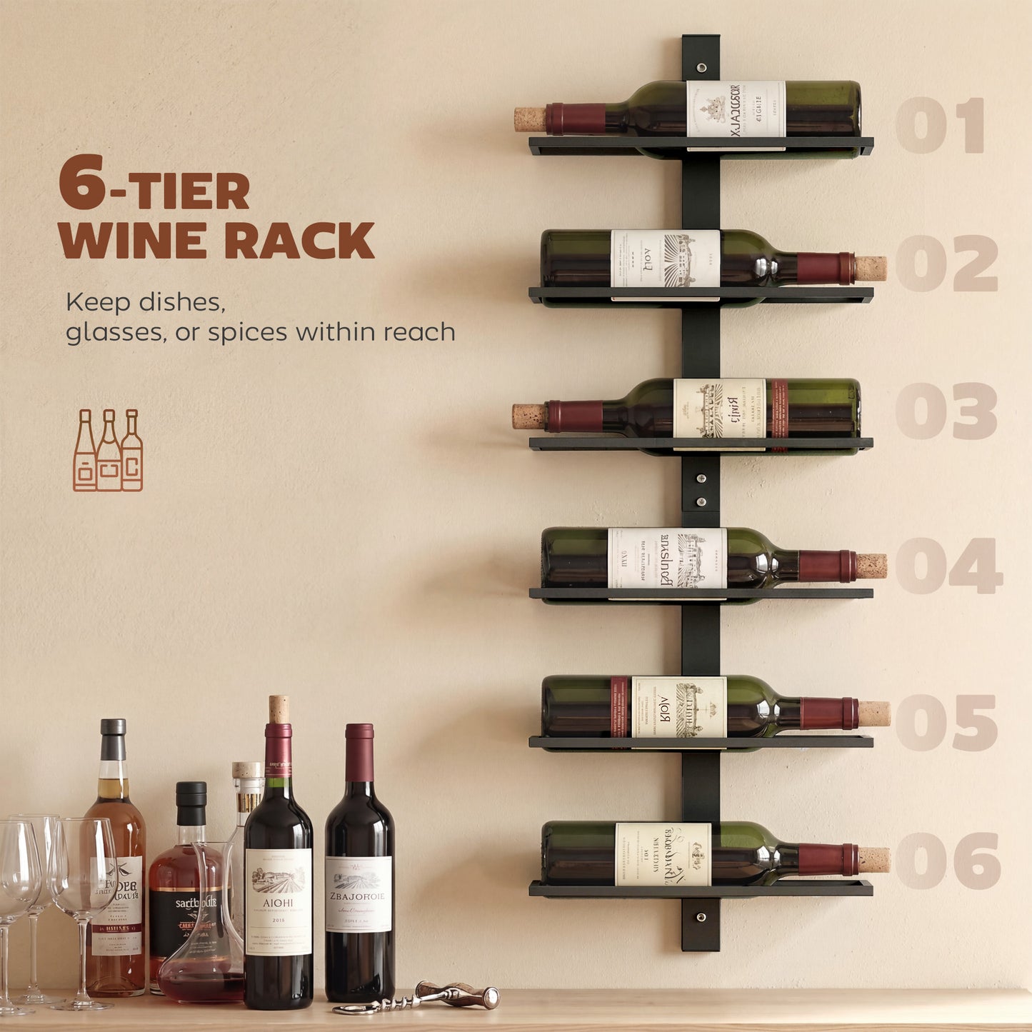 Wall Mount Wine Rack for 6 Wine Bottles, Black