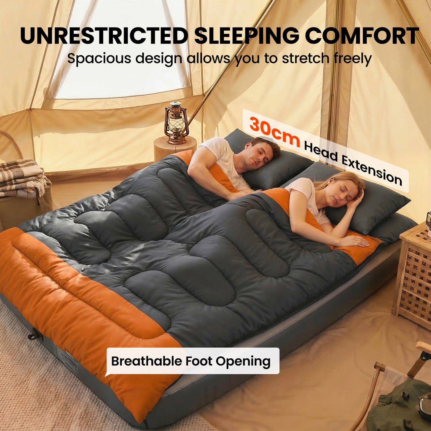 Double Sleeping Bag with 2 Pillows, 220 x 160cm Sleeping Bag