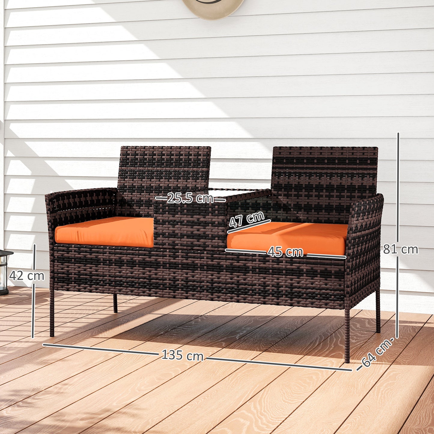 Rattan Garden Bench w/ Glass Tea Table, Wicker Chair w/ Cushions