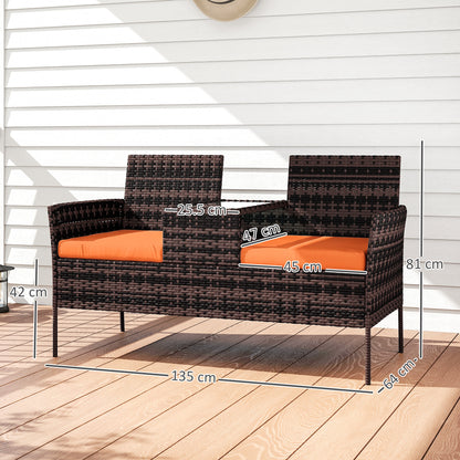 Rattan Garden Bench w/ Glass Tea Table, Wicker Chair w/ Cushions
