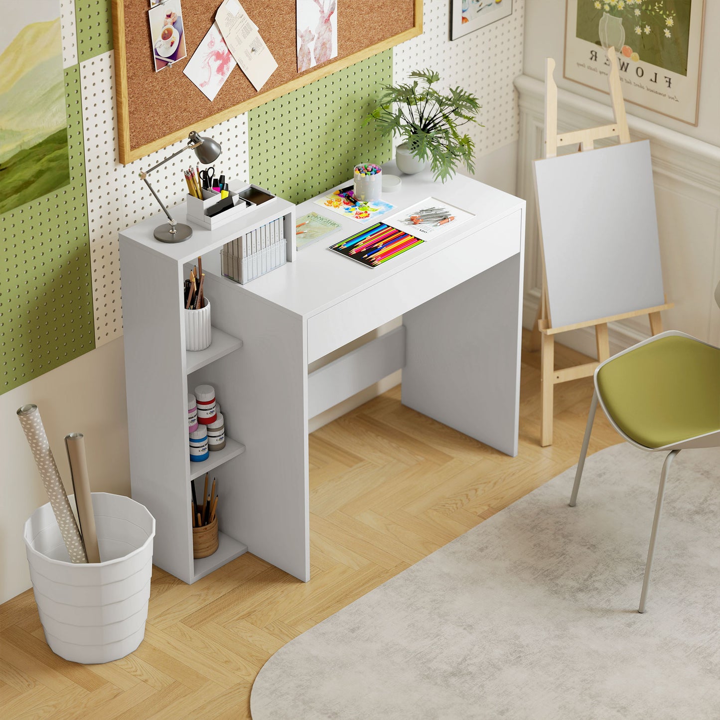 Computer Desk with 3 Open Shelves and Drawer, White